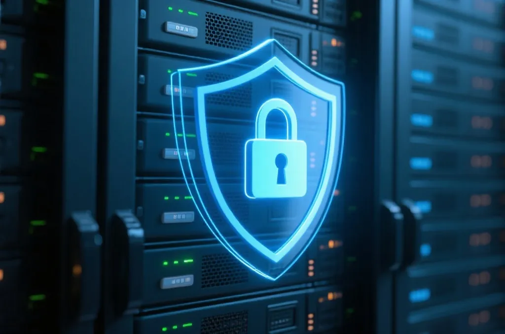 A secure digital shield protecting network servers and cloud databases representing technology trust